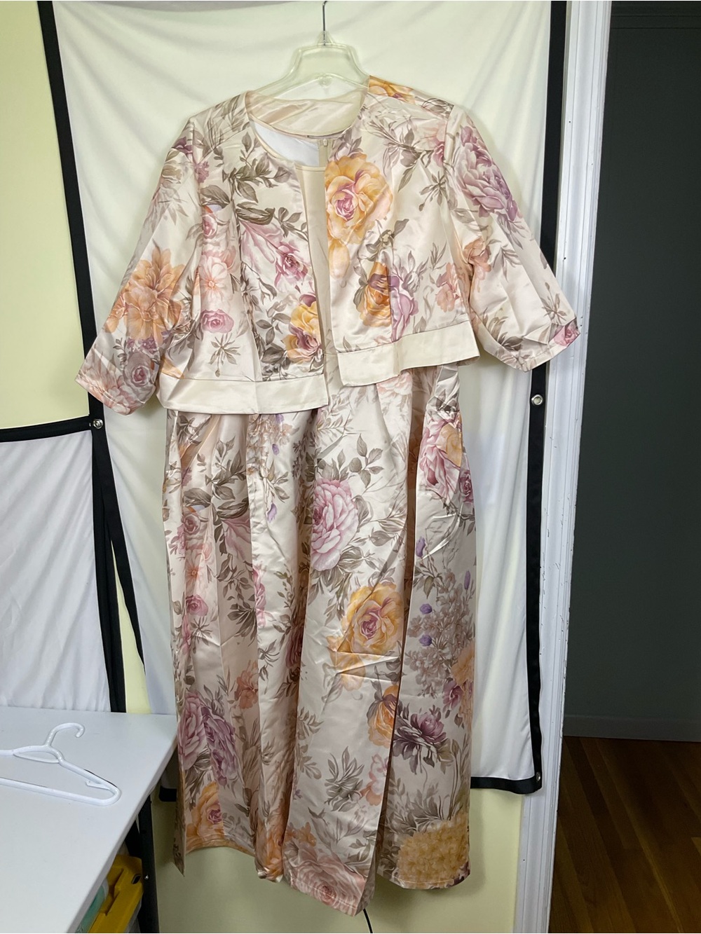 Champagne Floral Satin Maxi Dress with Coordinating Bolero - Pink, Gold & Cream